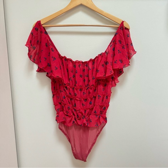 Free People Intimacy Bodysuit Red with Blue Flowers Size Small - Picture 1 of 10